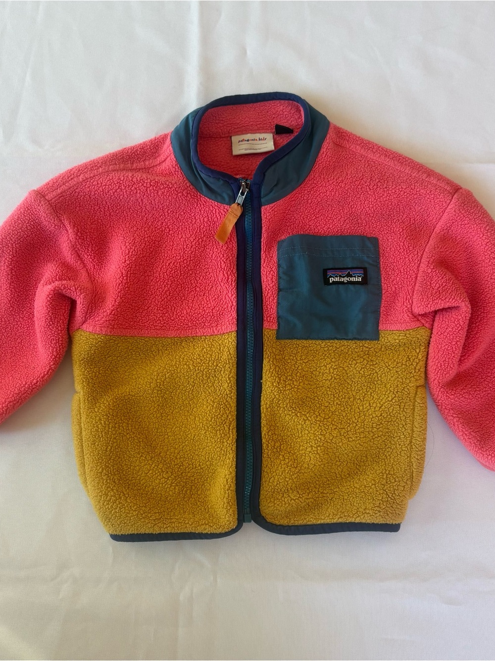 Patagonia Kids 2T Pink Mustard Blue Colorblock Full Zip Fleece Jacket